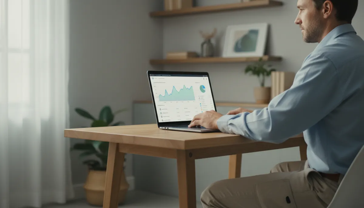 photorealistic cinematic wide shot of a contractor in clean work clothes sitting at a small office desk in a neutral-colored home office, open laptop screen showing an email marketing dashboard with charts and a list of subscribers, soft natural window light, shallow depth of field, muted neutral color palette