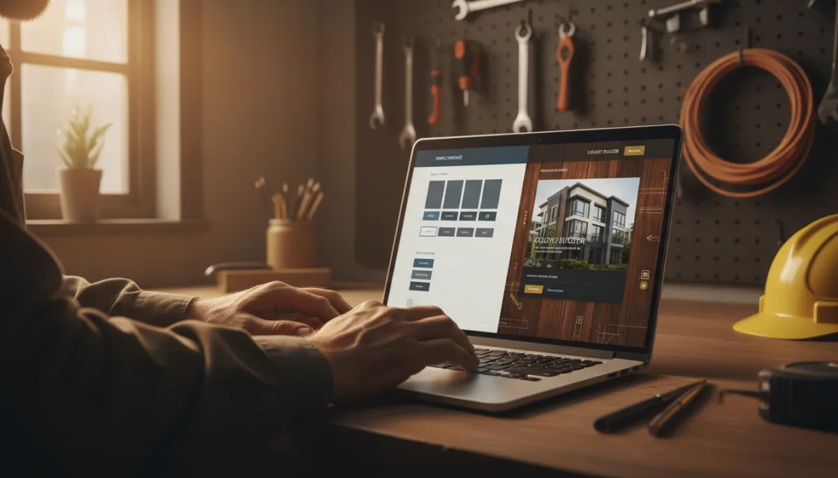 photorealistic cinematic close-up of a contractor’s rugged hands on a laptop showing a modern website design split-screen, left side a basic template builder site, right side a custom high-end contractor site, warm dramatic lighting in a workshop office with tools hanging on the wall