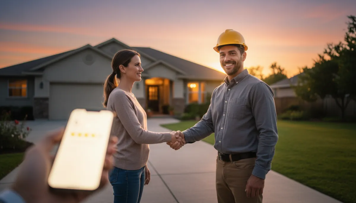 photorealistic cinematic wide shot of a smiling contractor shaking hands with a homeowner on a front driveway at sunset, smartphone in foreground showing a 5-star Google rating screen, warm dramatic lighting, shallow depth of field
