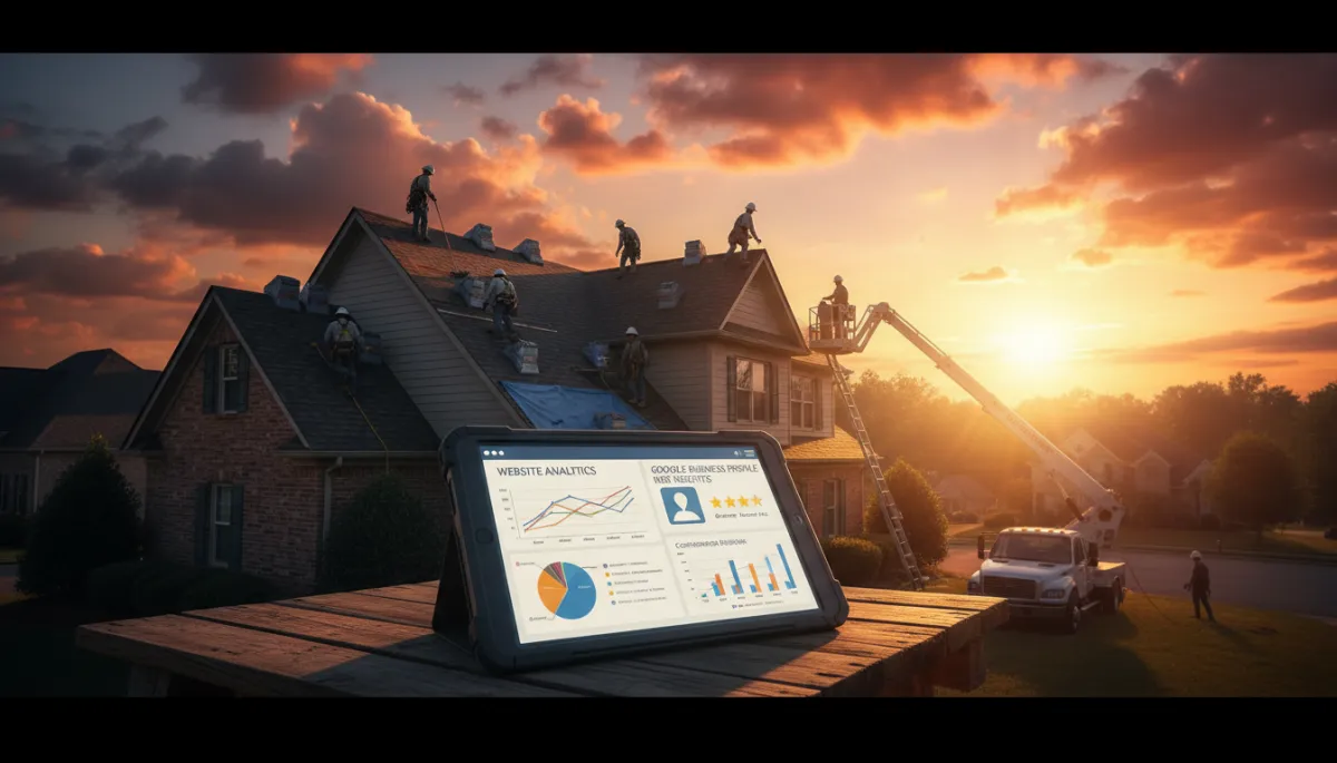 photorealistic cinematic wide shot of a roofing crew working on a suburban Charlotte NC home at golden hour, foreground shows a tablet displaying website analytics and Google Business Profile insights, dramatic sky and rich contrast lighting