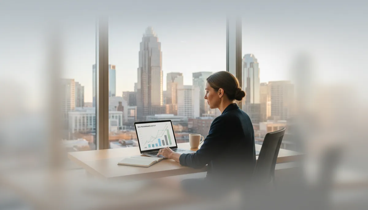 photorealistic neutral-toned scene of a Charlotte NC small business owner reviewing SEO reports on a laptop in a modern office overlooking the Uptown skyline, subtle charts and graphs visible on screen