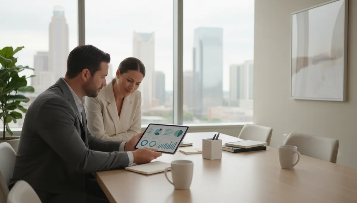 photorealistic neutral-toned scene of a Charlotte NC small business owner reviewing SEO reports with a consultant in a modern office, city skyline visible through window, calm professional mood