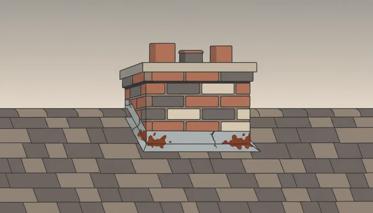 Roof flashing around a chimney with visible wear and gaps in sealant