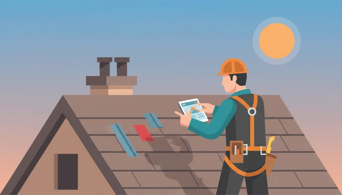 Roofing professional in safety gear conducting a detailed roof inspection