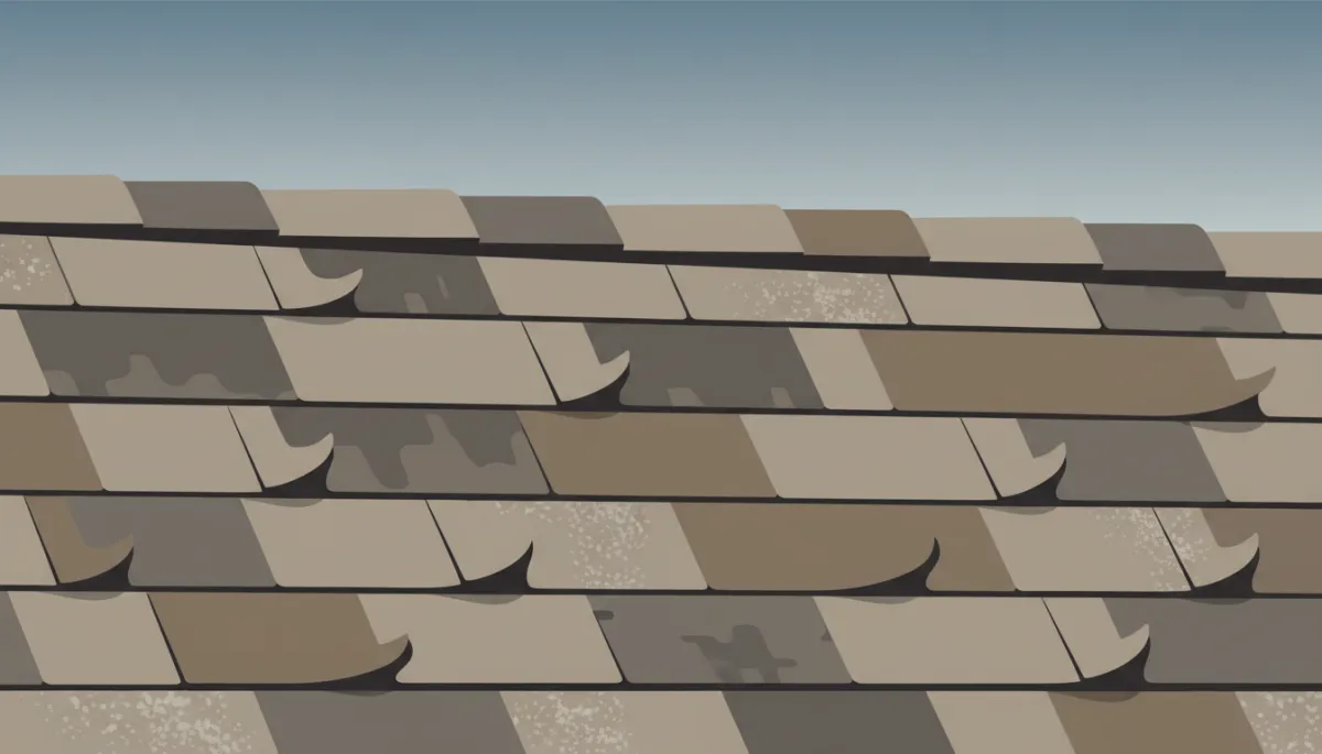 Close-up view of worn asphalt shingles with visible granule loss and curling edges