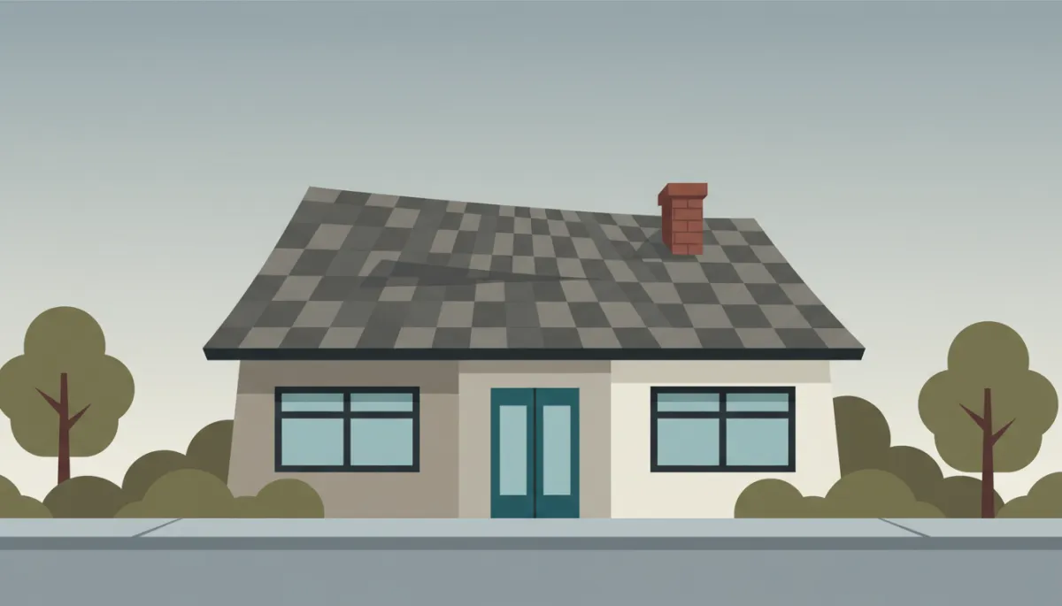 professional neutral-toned street-level photo of a residential house with a slightly sagging roof line highlighted by the angle of the shot, overcast conditions, realistic professional photography style