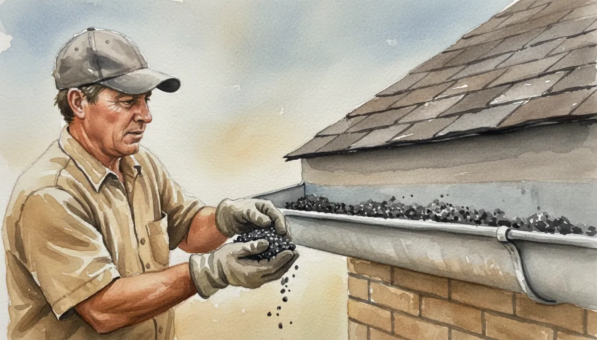 Roofing contractor checking roof granules in a home gutter