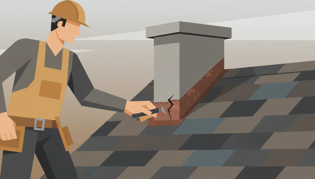 Roofing contractor inspecting cracked flashing around a chimney