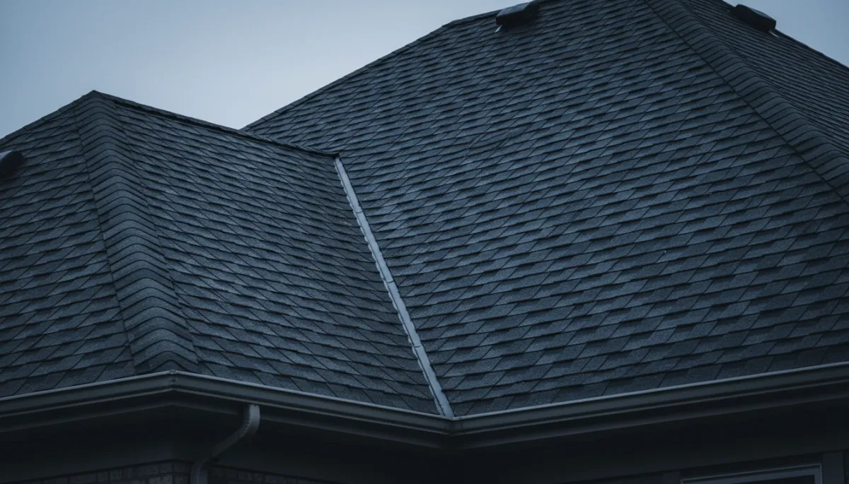 Close-up of asphalt shingle roof showing typical wear patterns