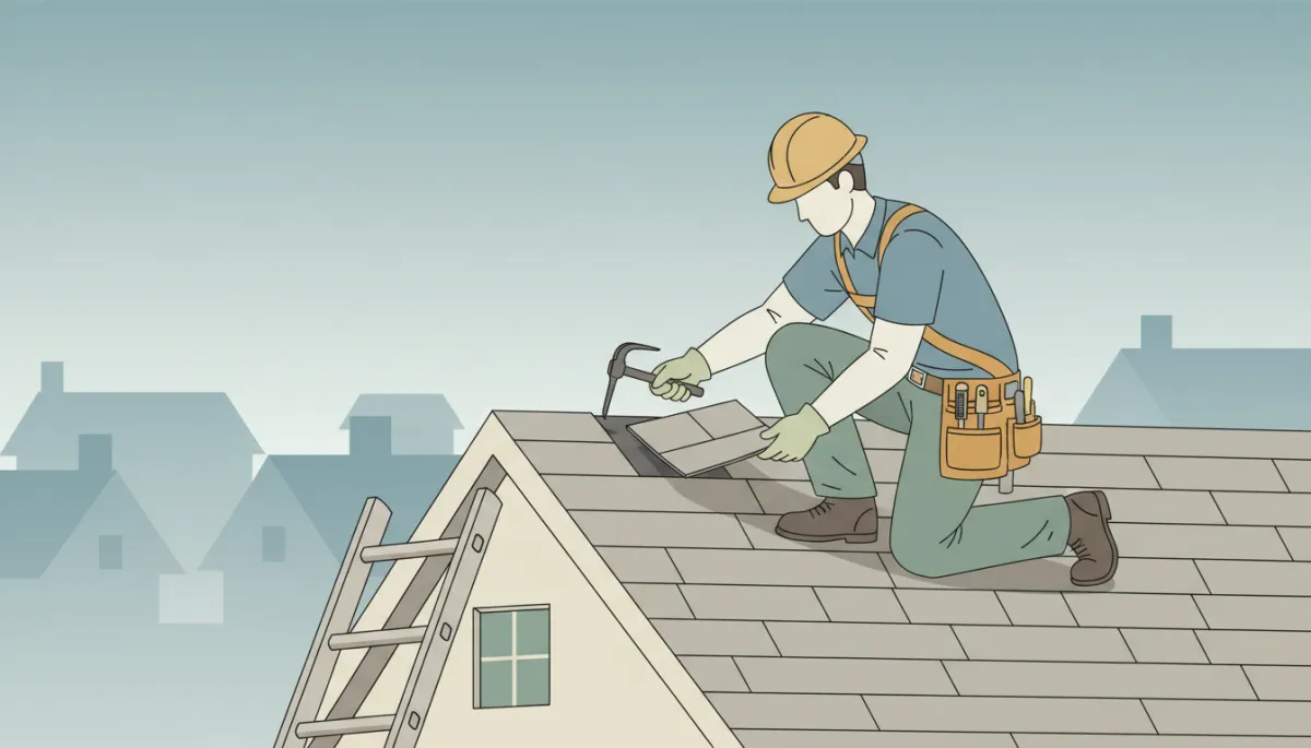 Roofer replacing damaged asphalt shingles on a residential roof