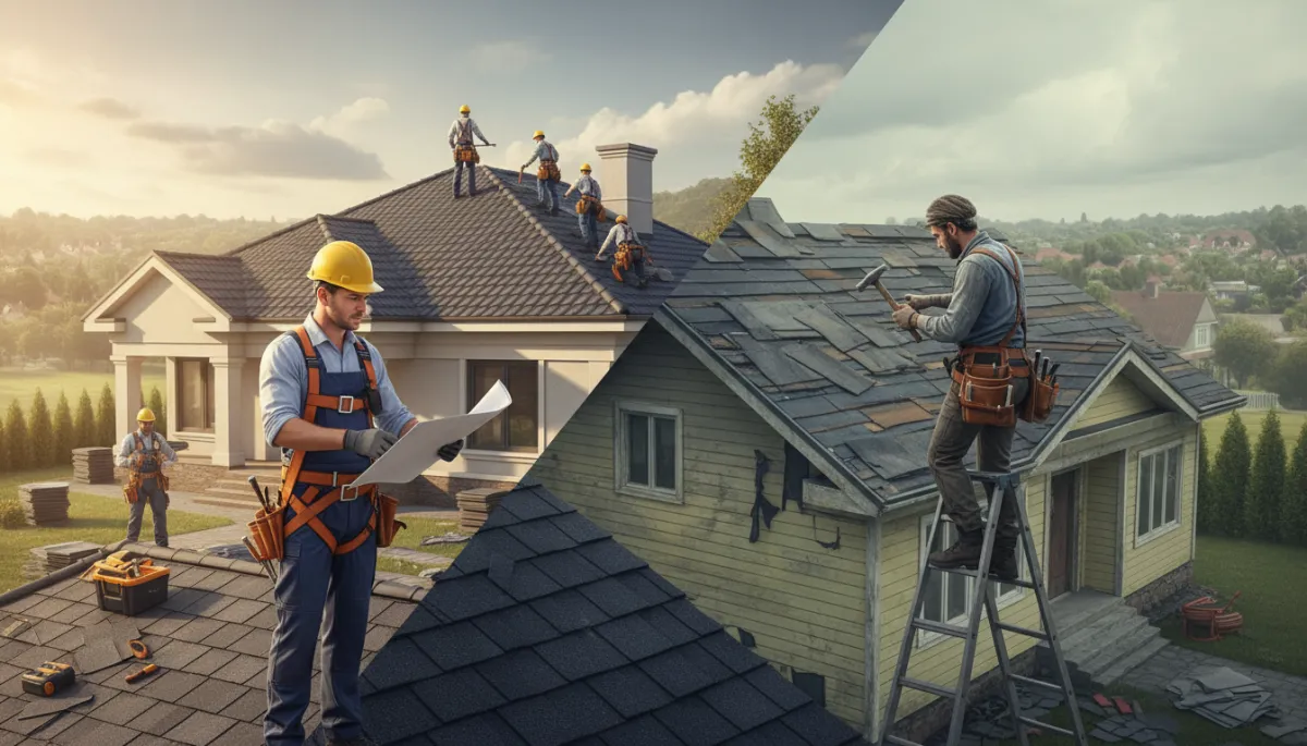 Roofing contractor reviewing a detailed written estimate with a homeowner