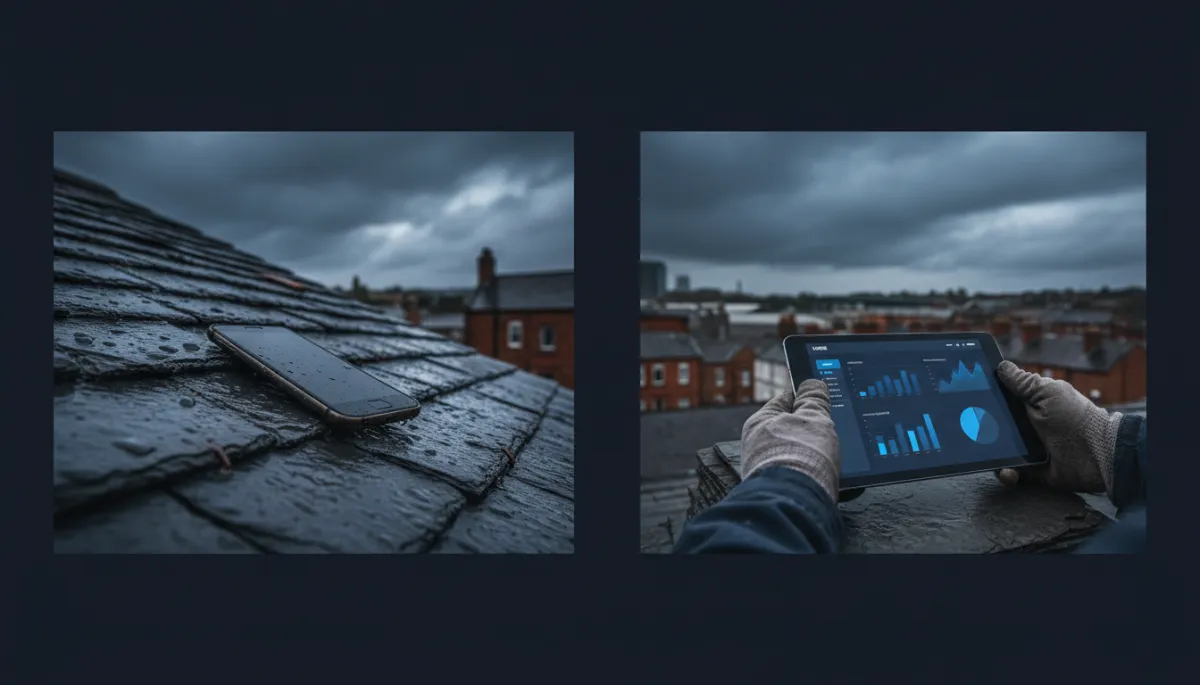 Add 2 additional photorealistic images inside the blog post body content. Name the images "roofers-north-east-blog-1" and "roofers-north-east-blog-2". Place one image mid-post (near the missed calls section) and one near the end (near the MRR / Pantom CTA section). Images should match the existing photorealistic style — North East England roofers, slate rooftops, dramatic overcast sky, authentic gritty atmosphere, deep midnight navy brand tones (#121828). Do not rewrite any existing content — only insert the images at appropriate positions within the existing blog body.. Context: This is for a blog post about "Why North East Roofers Are Skint While the Phones Are Ringing Off the Hook". Style: Professional quality, photorealistic, high resolution