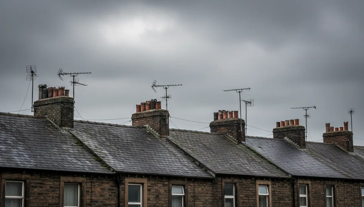 photorealistic wide shot of a North East England terraced street roofline with dark slate tiles, chimneys and TV aerials, under a dramatic overcast grey sky with North Sea light, gritty and authentic, muted neutral colours
