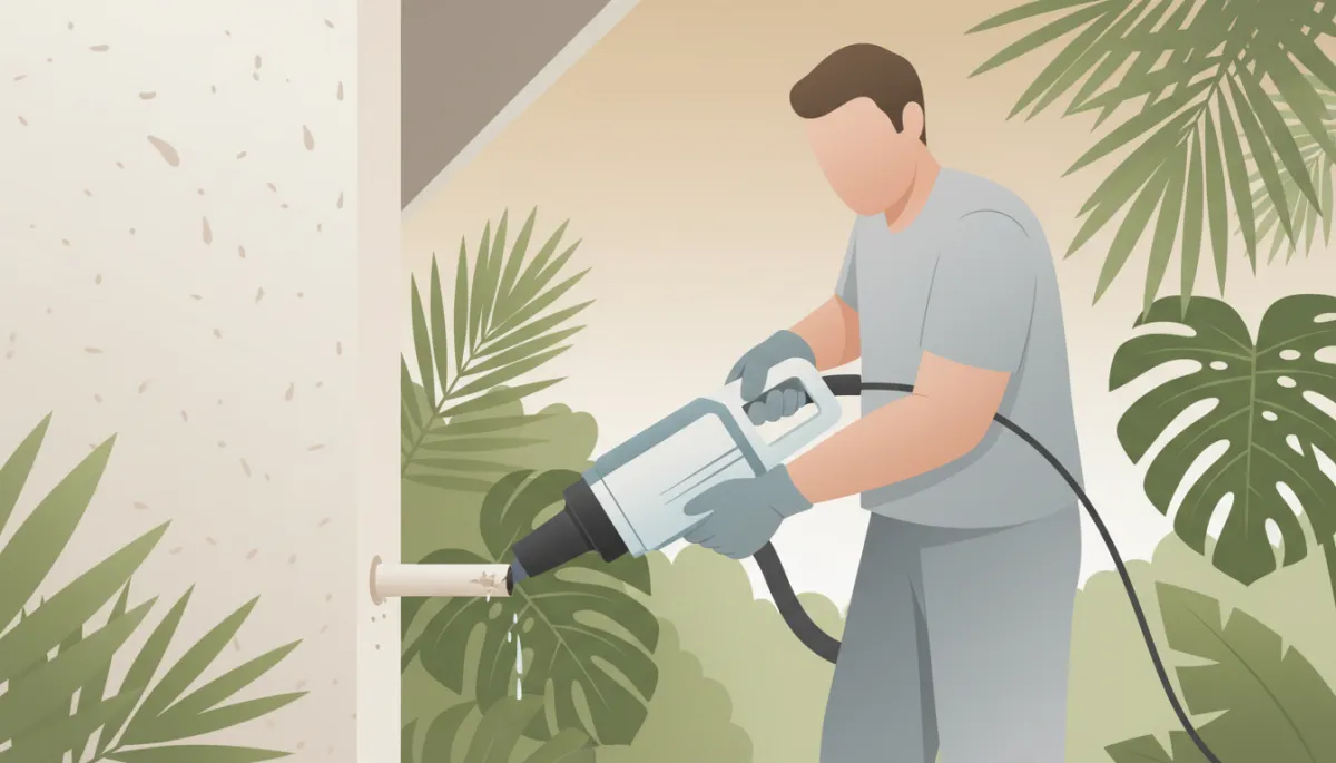 Technician cleaning an AC condensate drain line outside a home Technician cleaning an AC condensate drain line outside a home