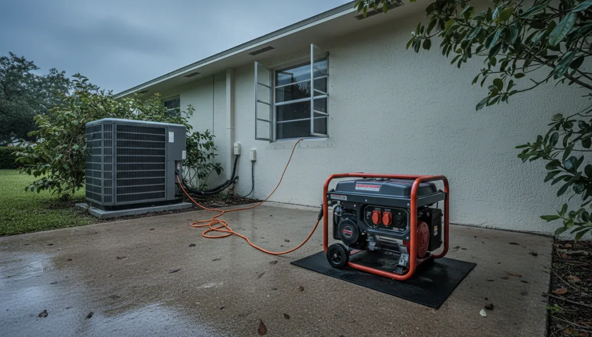Portable generator operating safely outside a home near an HVAC unit