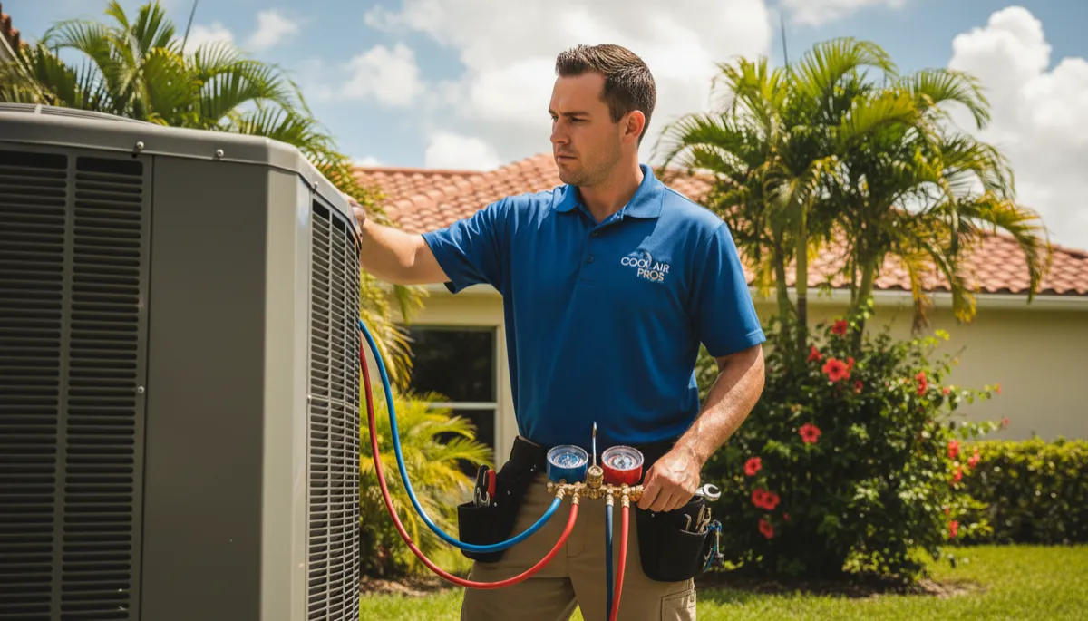 Technician performing winter HVAC maintenance on an outdoor unit Technician performing winter HVAC maintenance on an outdoor unit