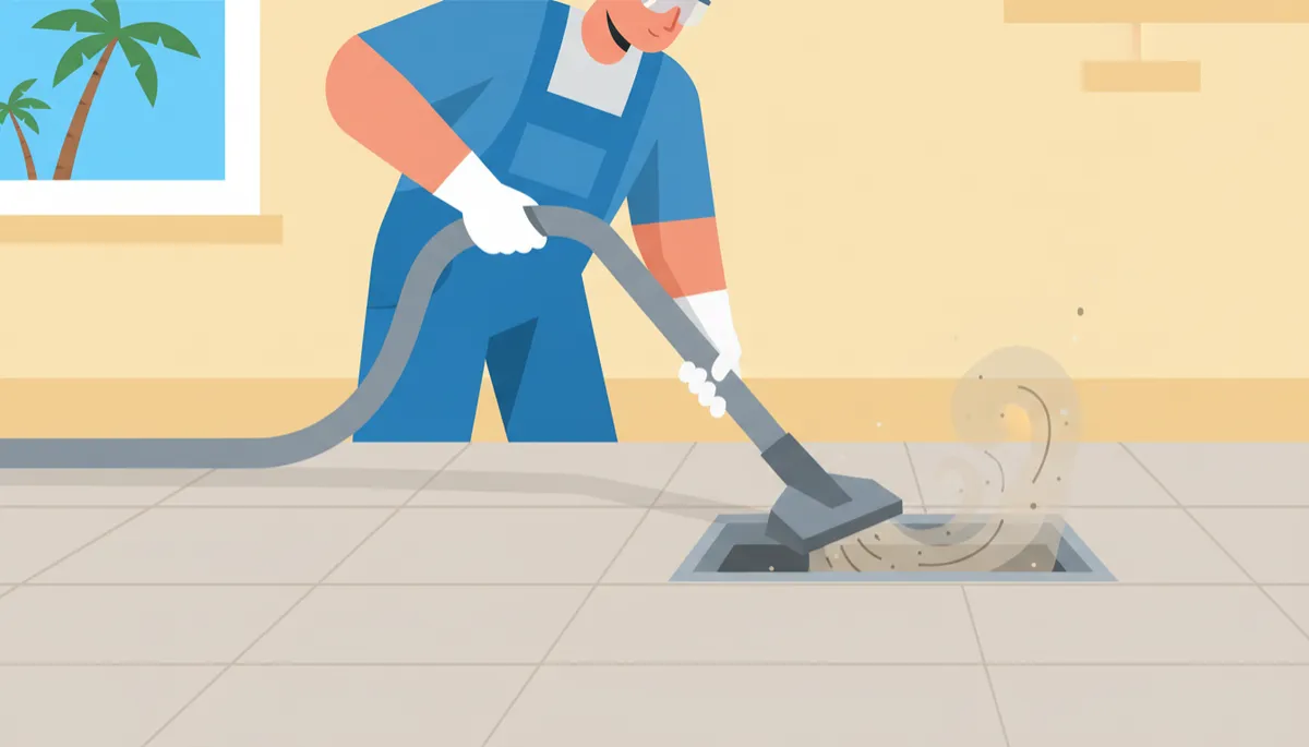 Technician vacuuming dust from a home air duct as part of fall maintenance Technician vacuuming dust from a home air duct as part of fall maintenance