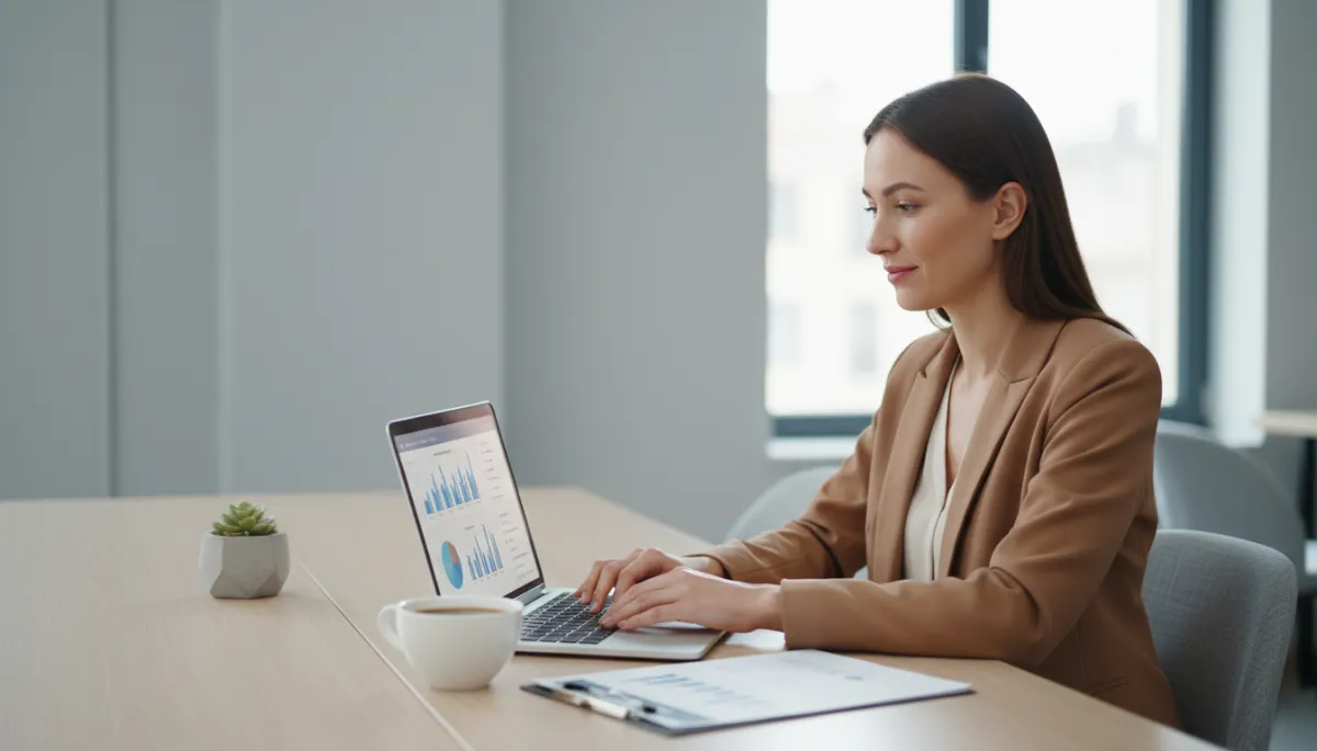 Small business owner reviewing monthly bookkeeping reports on a laptop