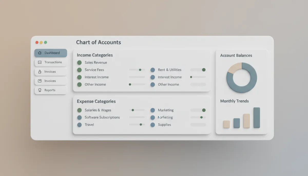 Bookkeeping software screen showing a structured chart of accounts with organized income and expense categories