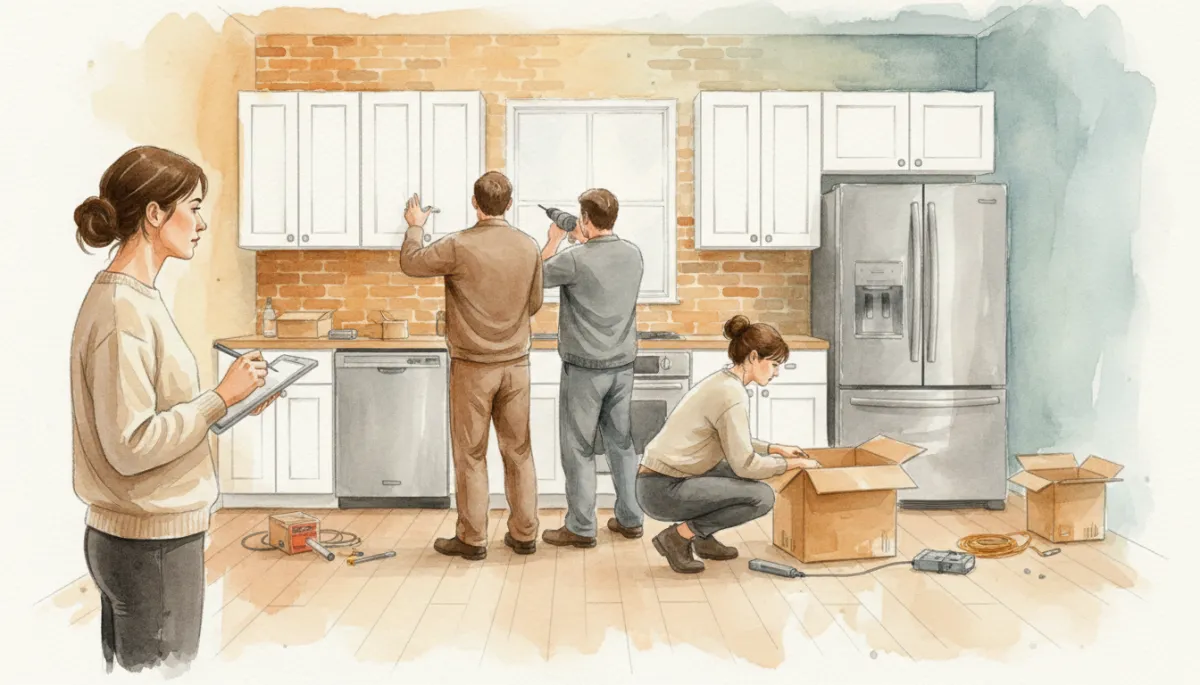 Contractors installing new kitchen finishes as part of a rental property upgrade
