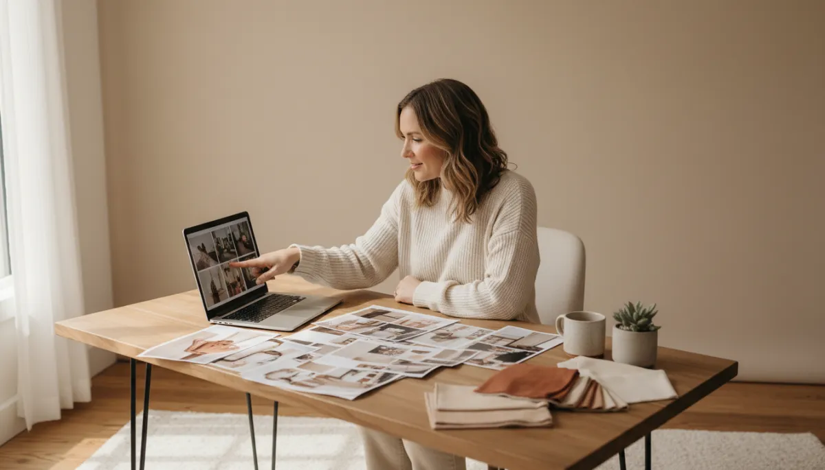 Entrepreneur reviewing branding photo gallery on a laptop in a warm-toned studio