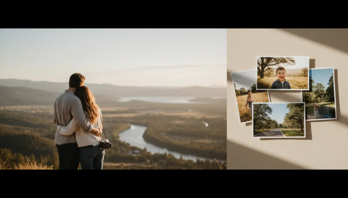 Couple by a calm lake at sunset with mountains in background