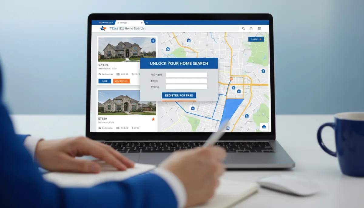 Texas IDX home search page with registration pop-up for lead capture