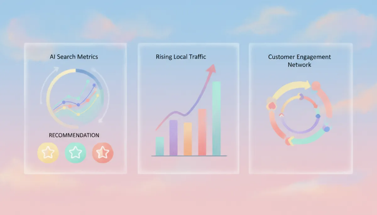Illustrated dashboard showing AI recommendations and local search growth metrics