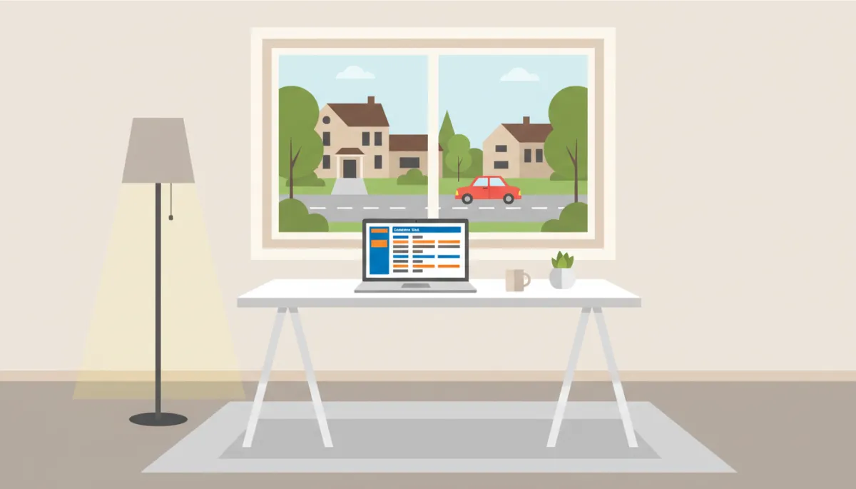 Home office in Andover with commuter rail schedule on a laptop screen Home office in Andover with commuter rail schedule on a laptop screen