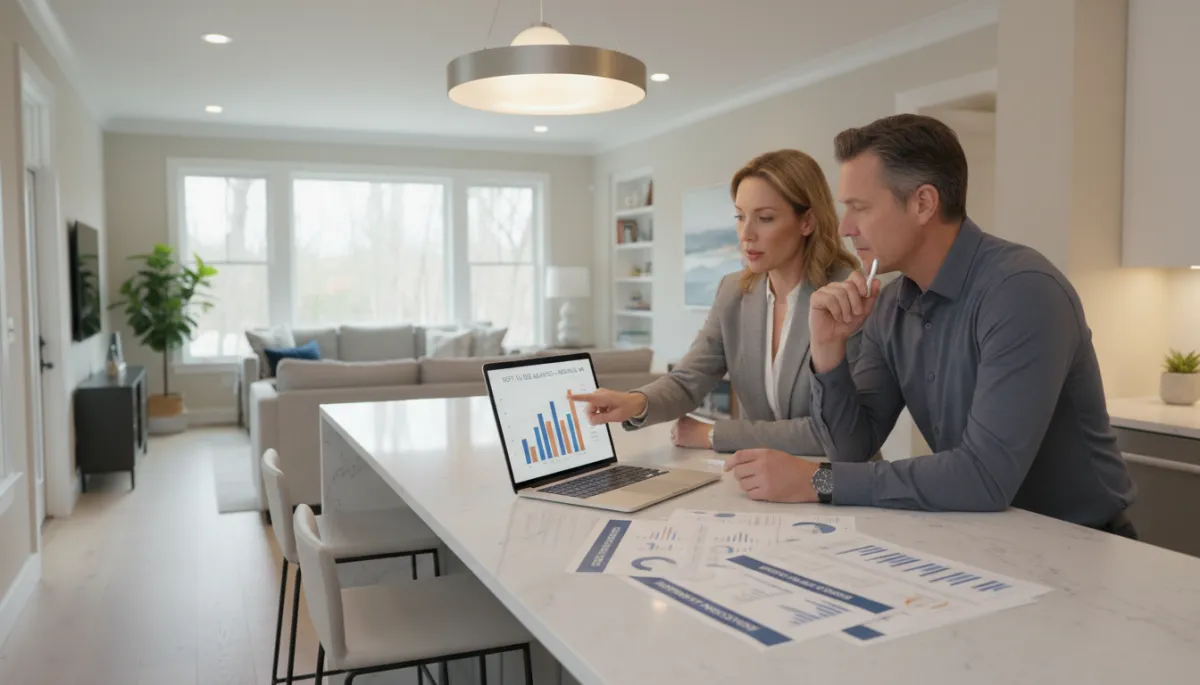 Homeowner and real estate agent reviewing rent versus sell options in Andover MA Homeowner and real estate agent reviewing rent versus sell options in Andover MA