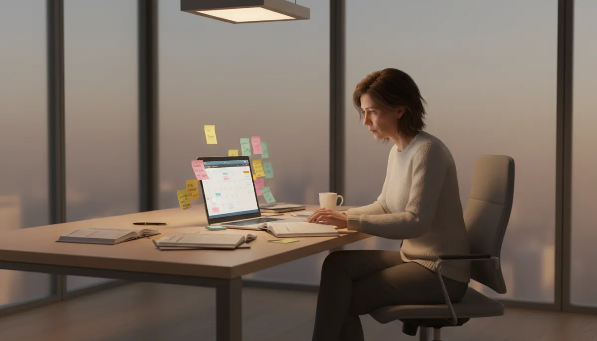 Professional neutral office scene of a tired person working late surrounded by schedules Professional neutral office scene of a tired person working late surrounded by schedules