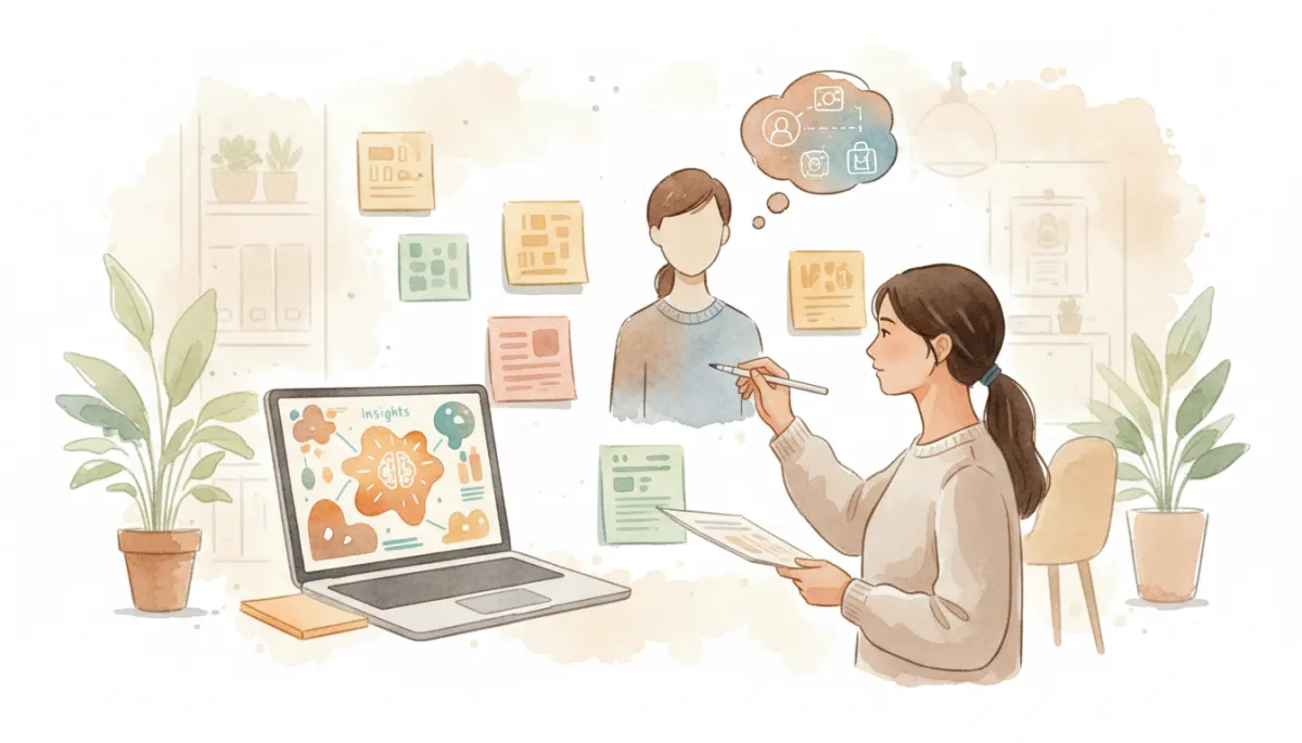 Chuyên gia marketing xây dựng chân dung khách hàng chi tiết với hỗ trợ từ AI trong không gian làm việc chuyên nghiệp, tông màu trung tính
