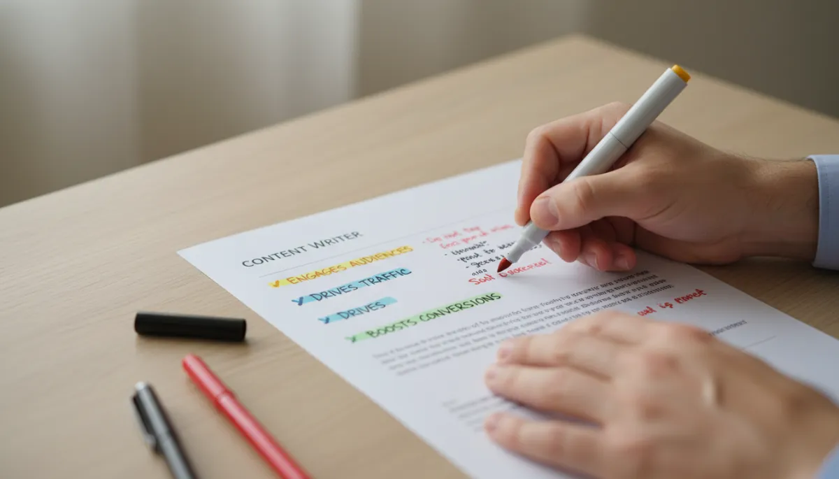 professional neutral-tone close-up of a content writer highlighting three core benefits on a printed sales page with notes and markers on a wooden desk, minimalist professional style
