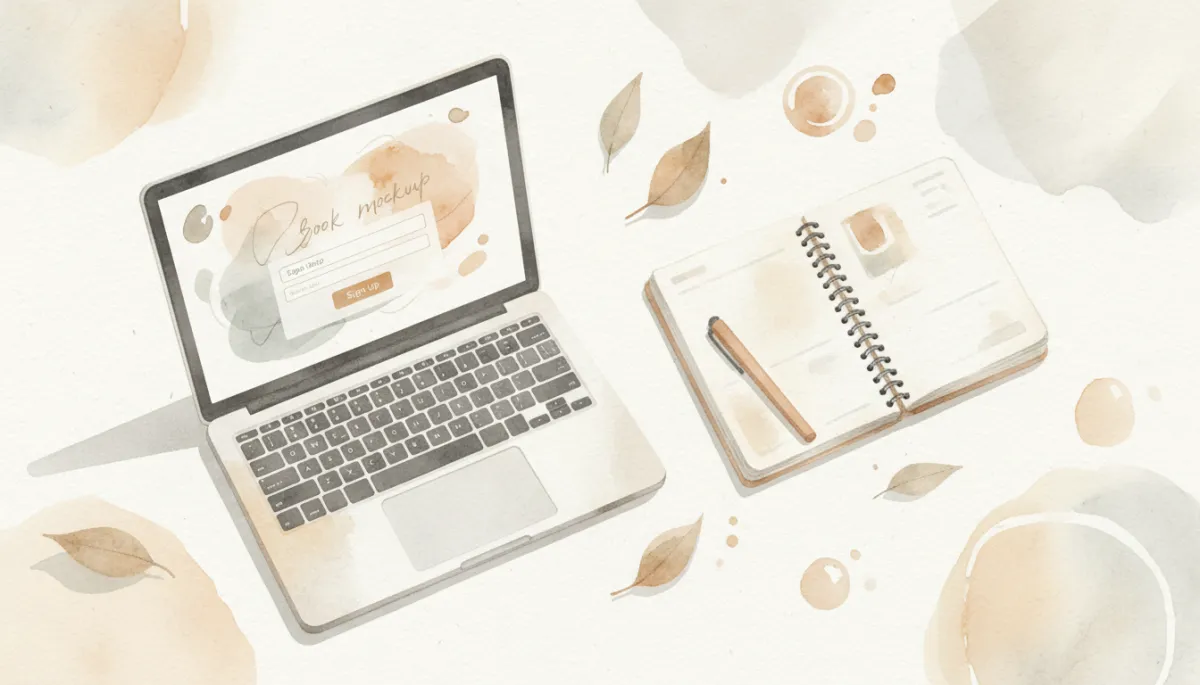 Bố cục chuyên nghiệp với mockup ebook và form đăng ký email trên màn hình laptop Bố cục chuyên nghiệp với mockup ebook và form đăng ký email trên màn hình laptop