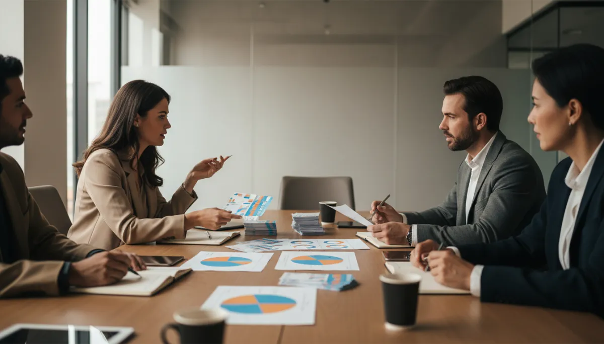 Nhóm marketing đang thảo luận chiến lược phát hành voucher trong phòng họp hiện đại
