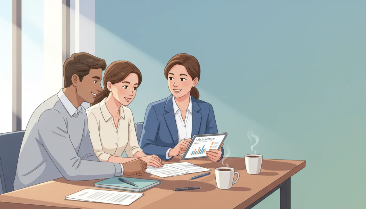 Calm, professional financial advisor sitting with a couple at a table, reviewing a simple life insurance illustration on a tablet, soft natural light, organized desk with documents and coffee cups Calm, professional financial advisor sitting with a couple at a table, reviewing a simple life insurance illustration on a tablet, soft natural light, organized desk with documents and coffee cups
