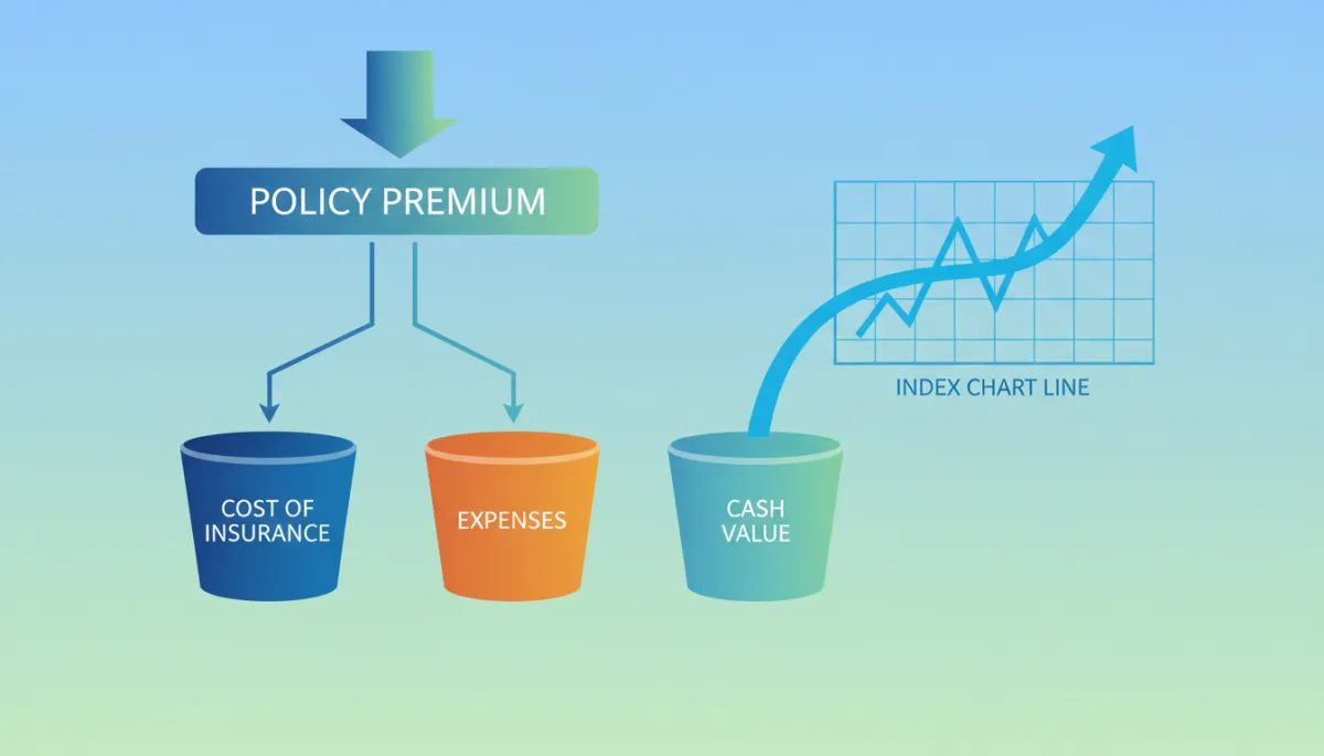 Clean infographic-style illustration showing a policy premium splitting into cost of insurance, expenses, and cash value buckets, with an arrow from cash value to an index chart line Clean infographic-style illustration showing a policy premium splitting into cost of insurance, expenses, and cash value buckets, with an arrow from cash value to an index chart line