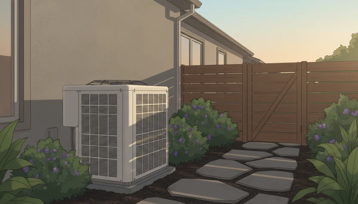 Exterior side yard of a modern Dallas home showing a large traditional HVAC condenser unit beside the house, with landscaping attempting to hide it using shrubs and fencing Exterior side yard of a modern Dallas home showing a large traditional HVAC condenser unit beside the house, with landscaping attempting to hide it using shrubs and fencing