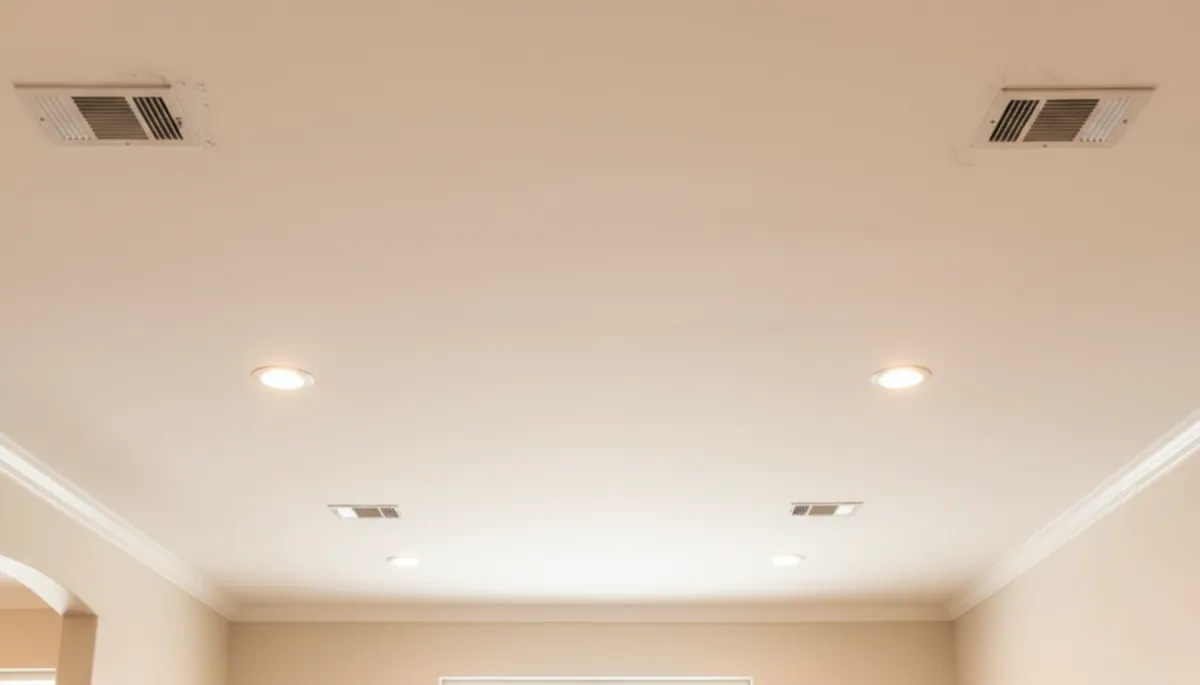 Interior ceiling view of a stylish Dallas living room showing standard white builder-grade vents with faint dark dust rings around them, contrasted against otherwise pristine warm white ceiling and recessed lighting Interior ceiling view of a stylish Dallas living room showing standard white builder-grade vents with faint dark dust rings around them, contrasted against otherwise pristine warm white ceiling and recessed lighting