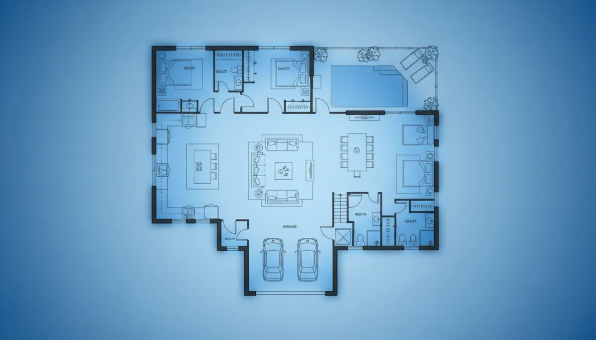 Floor plan style graphic overlay on a modern Dallas home interior, highlighting all rooms in cool blue to represent whole-house cooling even in unused guest rooms Floor plan style graphic overlay on a modern Dallas home interior, highlighting all rooms in cool blue to represent whole-house cooling even in unused guest rooms