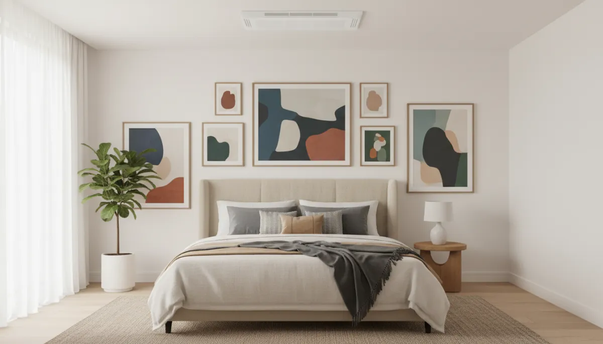 Modern Dallas bedroom with a flush ceiling cassette mini-split centered above the bed, minimal trim, layered neutral bedding, and art-filled walls left completely free of equipment Modern Dallas bedroom with a flush ceiling cassette mini-split centered above the bed, minimal trim, layered neutral bedding, and art-filled walls left completely free of equipment