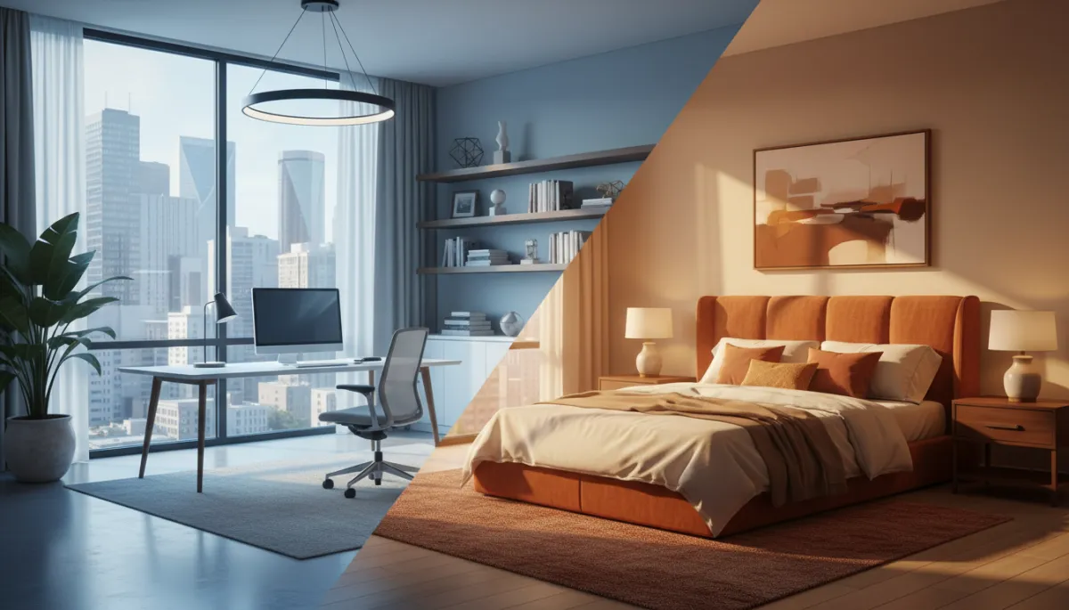 Split-view of a modern Dallas home showing a cool, bright home office set to a lower temperature and a dimmed, unused guest bedroom set warmer, both styled with contemporary furnishings Split-view of a modern Dallas home showing a cool, bright home office set to a lower temperature and a dimmed, unused guest bedroom set warmer, both styled with contemporary furnishings