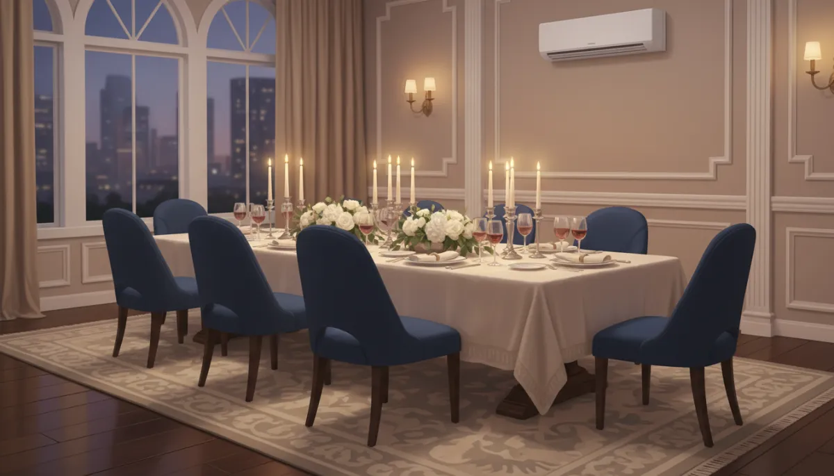 Elegant Dallas dining room set for a dinner party with candles and wine glasses, featuring a discreet GWIN-style wall mini-split unit high on the wall, barely noticeable and clearly not disrupting conversation Elegant Dallas dining room set for a dinner party with candles and wine glasses, featuring a discreet GWIN-style wall mini-split unit high on the wall, barely noticeable and clearly not disrupting conversation