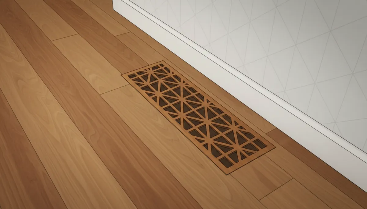 Close-up of a modern Dallas hallway floor and wall junction featuring a custom laser-cut wood vent cover in a geometric pattern, coordinating with warm hardwood floors and white baseboards Close-up of a modern Dallas hallway floor and wall junction featuring a custom laser-cut wood vent cover in a geometric pattern, coordinating with warm hardwood floors and white baseboards