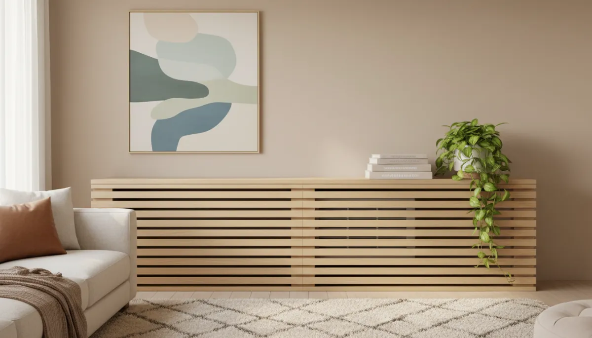 Low wall-mounted mini-split unit in a modern Dallas living room concealed behind a custom slatted wood enclosure, styled with coffee table books and a trailing plant on top Low wall-mounted mini-split unit in a modern Dallas living room concealed behind a custom slatted wood enclosure, styled with coffee table books and a trailing plant on top