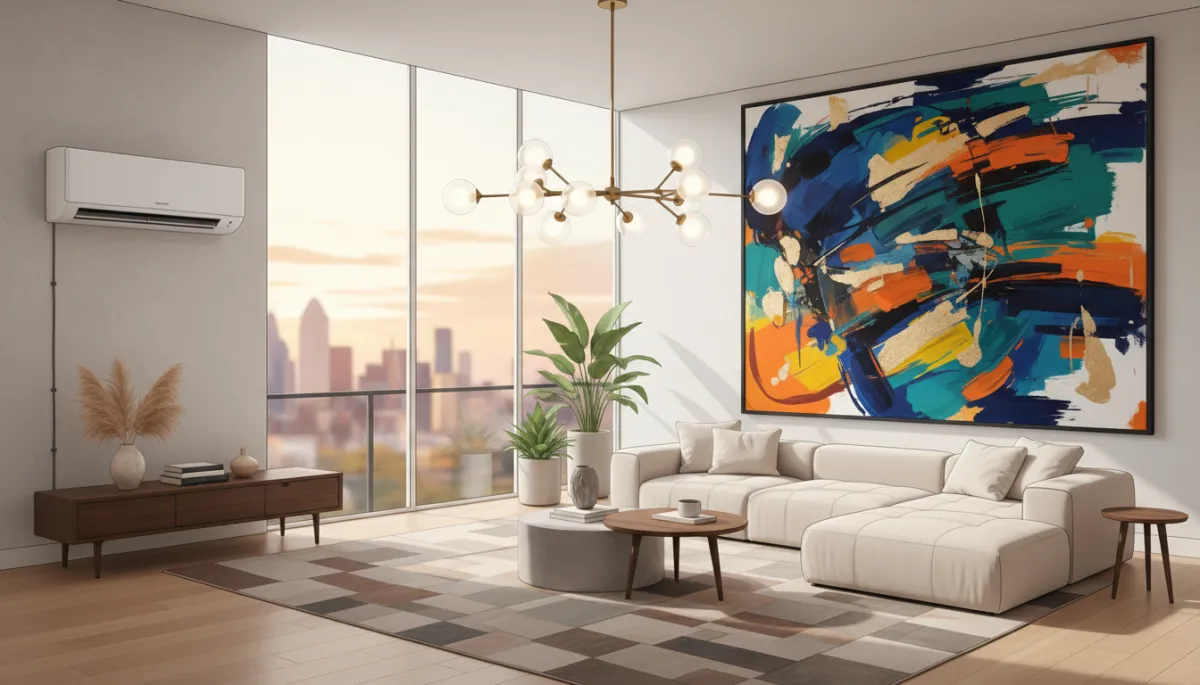 Modern Dallas living room with a visible wall-mounted mini-split on one side and an oversized colorful abstract art piece and sculptural chandelier drawing attention on the opposite side Modern Dallas living room with a visible wall-mounted mini-split on one side and an oversized colorful abstract art piece and sculptural chandelier drawing attention on the opposite side