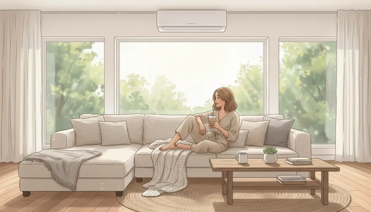 Bright, airy East Texas living room with large windows, layered neutral textiles, slim mini-split on wall, sunlight streaming in, woman relaxing comfortably with iced drink