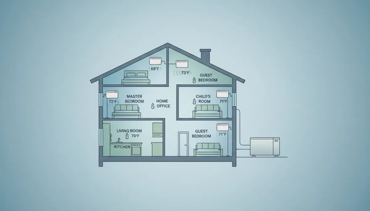 Clean technical illustration of a house divided into multiple cooling zones, each room labeled with different temperatures, sleek outdoor unit and several indoor mini-split heads shown in a simple diagram