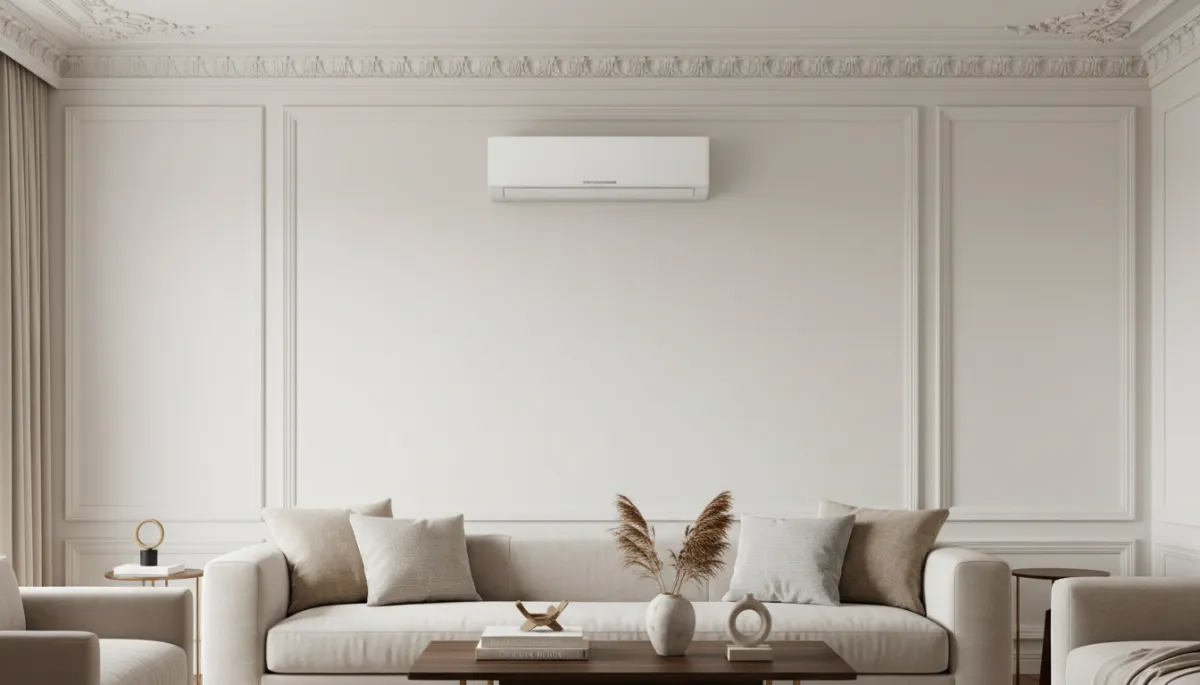 Elegant living room with high ceilings, detailed crown molding, no visible ductwork, a slim matte-finish wall-mounted mini-split blending into a white accent wall, styled coffee table and neutral sofa in foreground
