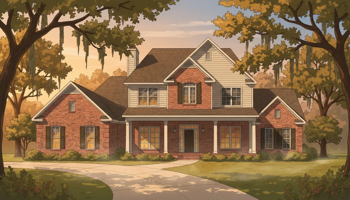 Two-story East Texas home exterior at golden hour, lights glowing in downstairs windows while upstairs windows are mostly dark, subtle heat haze rising from driveway